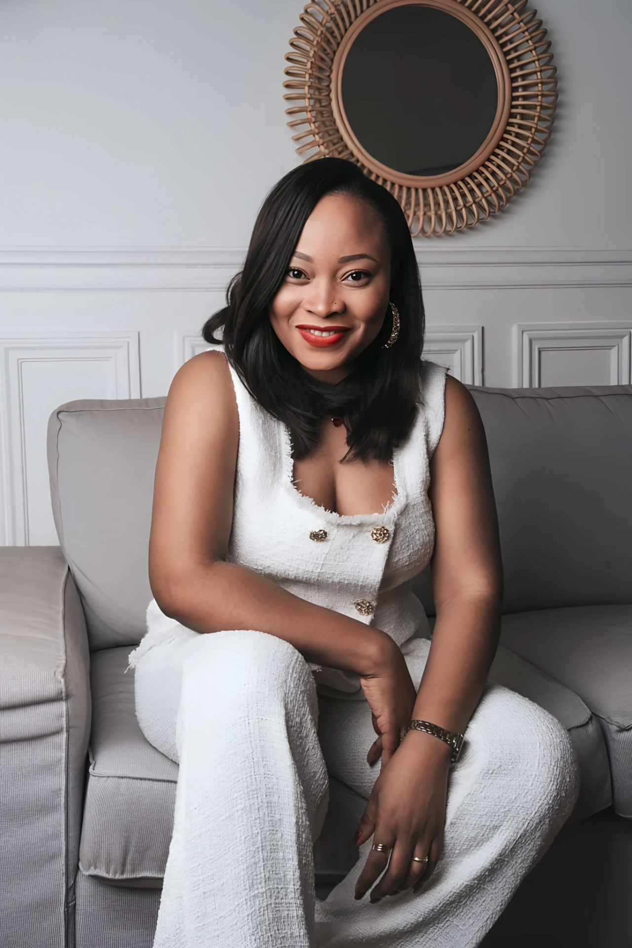 Yolande Authier assise, tenue blanche, regard confiant